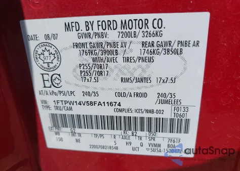2008 Ford F-150 60Th Anniversary/Fx4/King Ranch/Lariat/Xlt z USA, uszkodzony, nr VIN 1FTPW14V58FA11674